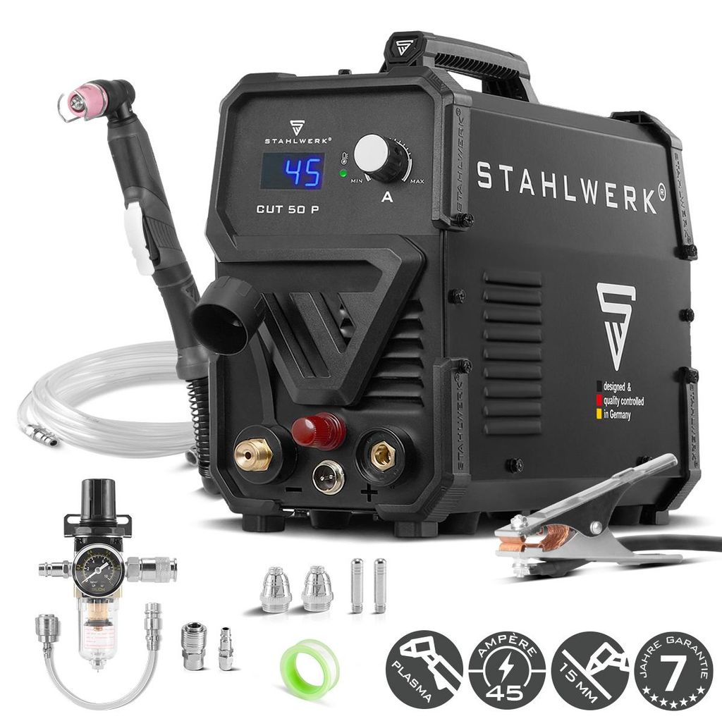 STAHLWERK Plasmaschneider CUT 50 P – Plasmaschneidgerät mit 15 bis 45 A, Schneidleistung bis 15 mm, Plasma Cutter mit HF-Pilotzündung, Smart-K...