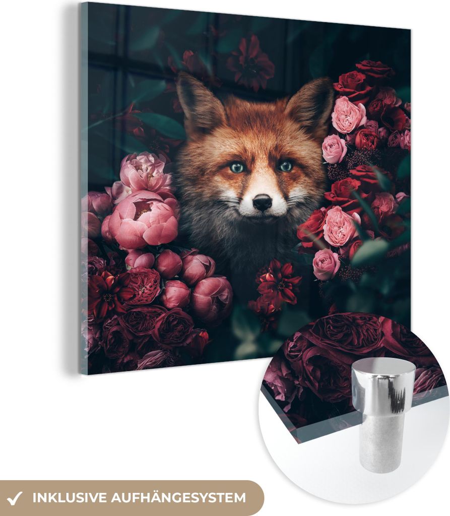 MuchoWow Glasbilder - Bilder auf Wandbild - Foto auf Glas Fuchs - Blumen - Tiere 90x90 cm Wanddekoration aus Glas - Acrylglasbild - Acrylbilder - W...