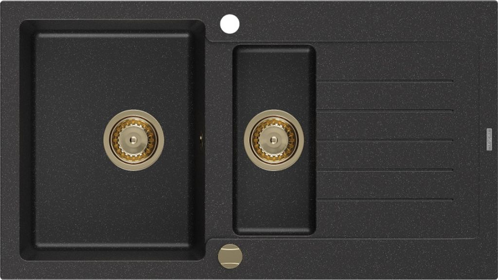 Mexen Matias 1,5-Becken-Granitspüle mit Abtropffläche 900 x 505 mm, Schwarz/Silbermetallic, Siphon Gold - 6502901505-73-G