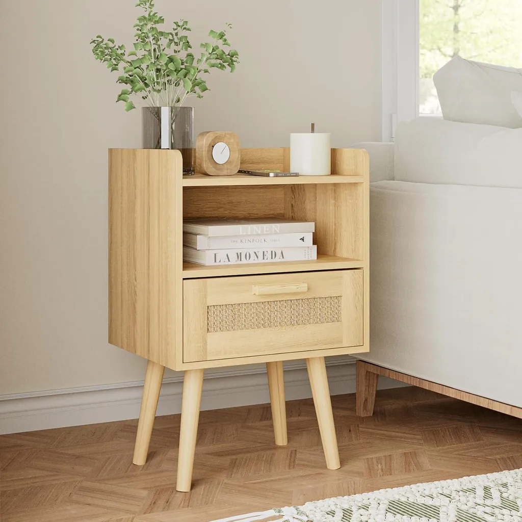 Table d'appoint rotin style bohème chic avec piètement bois jaune