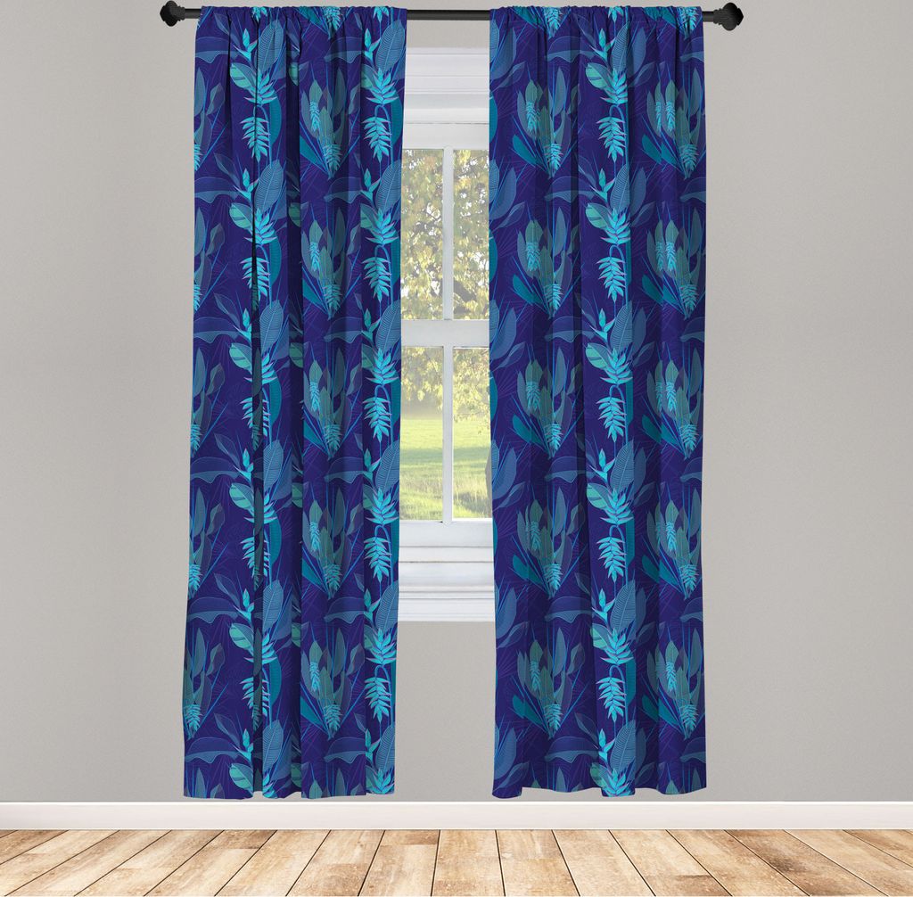 ABAKUHAUS Tropisch Vorhänge, Gardinen, Exotische Heliconia Blume mit Blättern und Blüten Blütenblätter in Blue Shades, 2 Stück 75 x 175 cm, ,...
