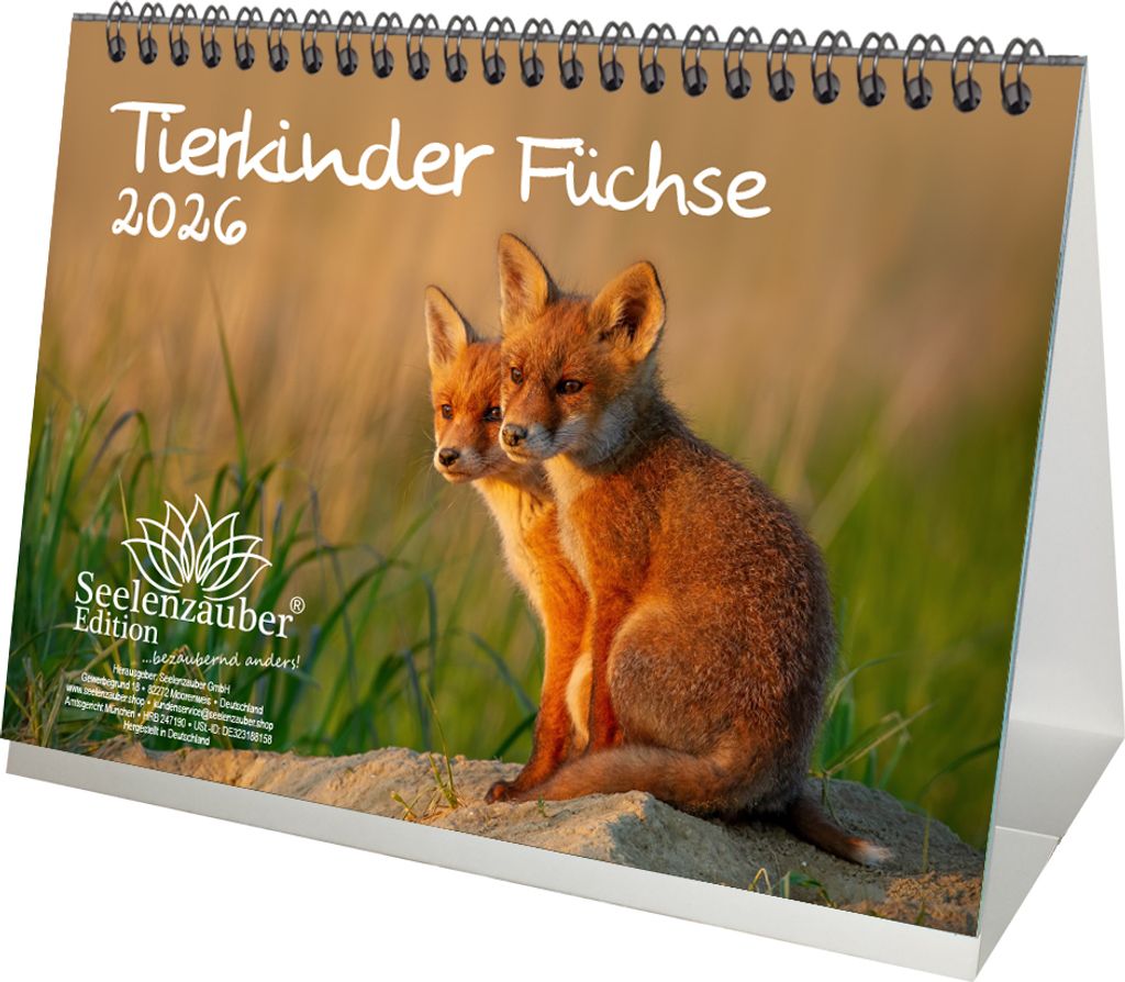 Tierkinder Füchse DIN A5 Tischkalender für 2026 Fuchs und Füchse - Seelenzauber