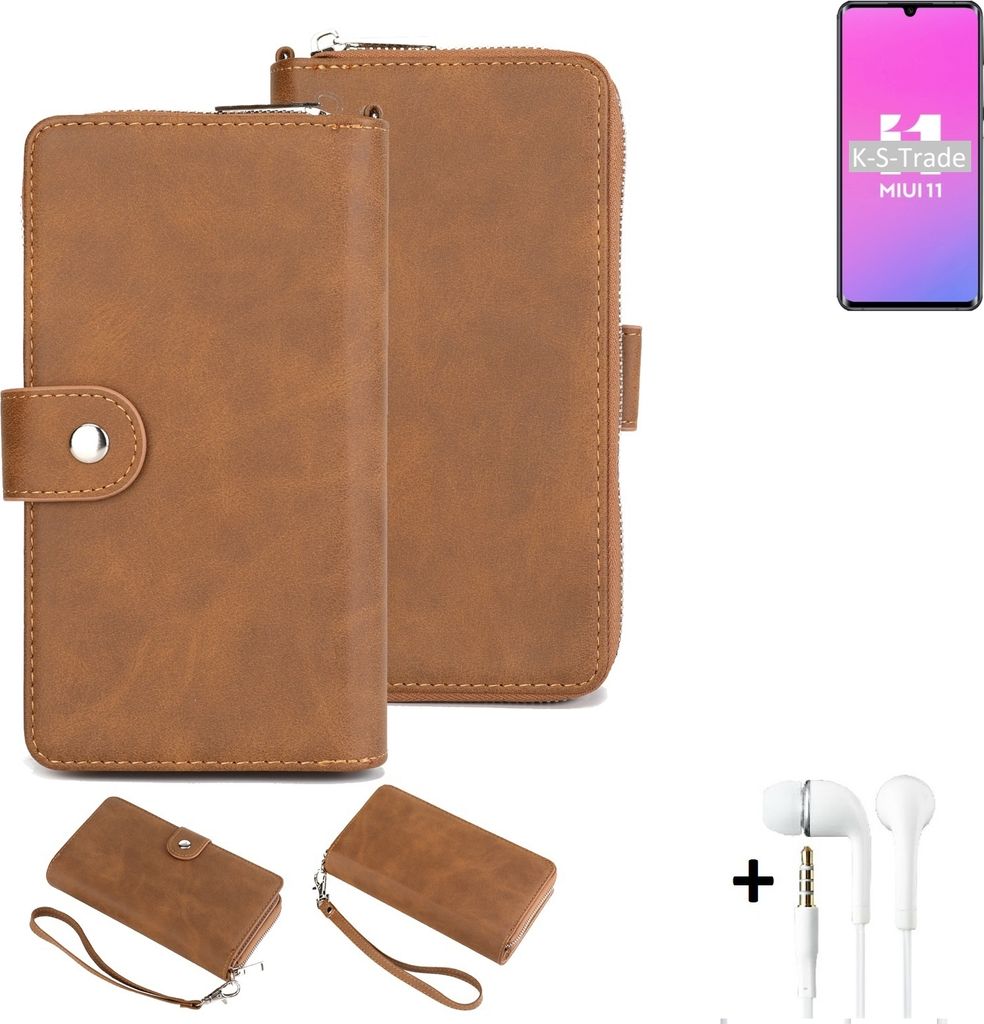 K-S-Trade Handy Schutz Hülle kompatibel mit Xiaomi Mi Note 10 Lite + Kopfhörer Portemonnee Tasche Wallet-Case Bookstyle-Etui braun (1x)