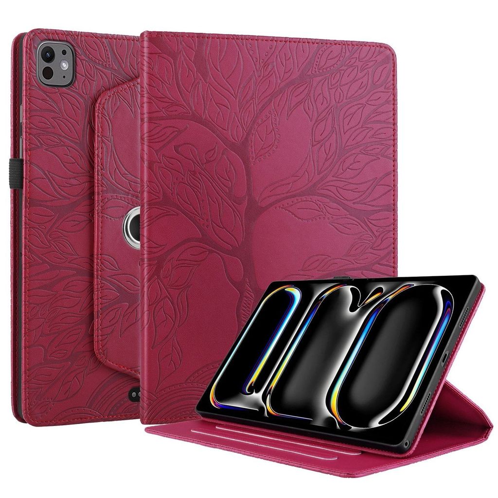 Für Apple iPad Pro 13 Zoll 2024 2024 360 Grad Rotation Baum Muster Kunstleder Hülle Tasche Rot