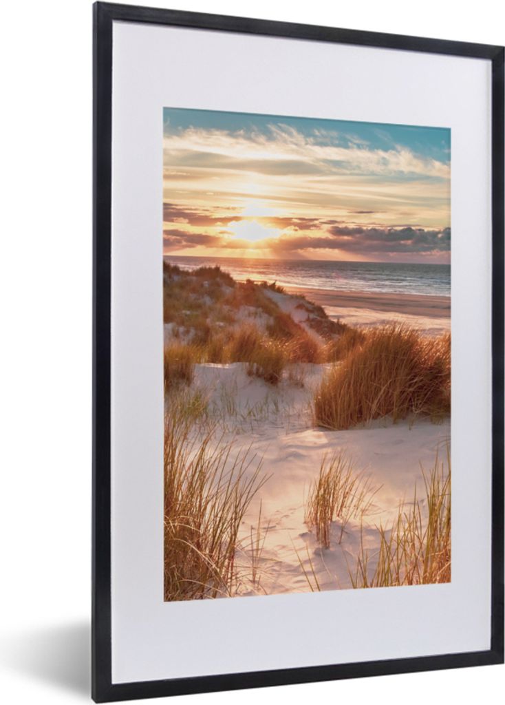MuchoWow Gerahmtes Poster Düne - Pflanzen - Sonnenuntergang - Strand - Meer 40x60 cm - Poster mit Schwarzem Bilderrahmen Wandposter Rahmen Foto ...