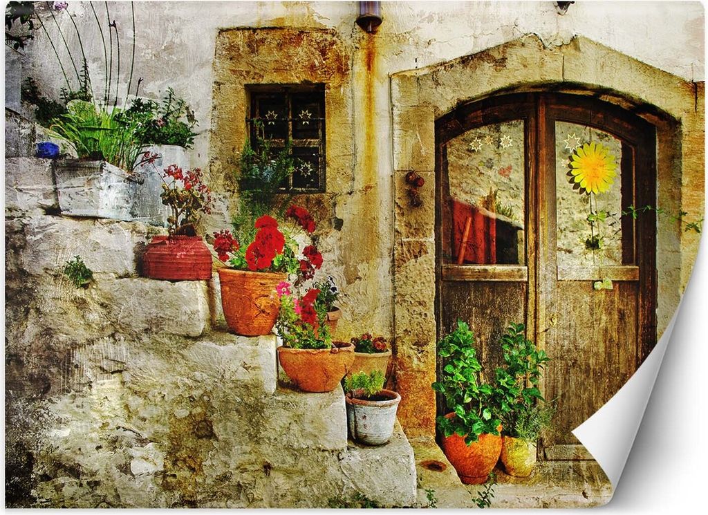 Vlies fototapete Blumen auf einer Treppe in der Toskana 400x280 cm Feeby Orange inkl. Kleber einfache Montage