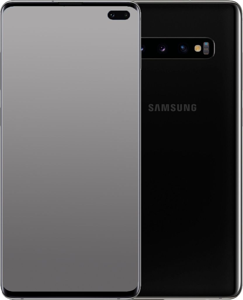 A black Samsung Galaxy S10+ smartphone is shown from the back, with the front facing side partially visible.