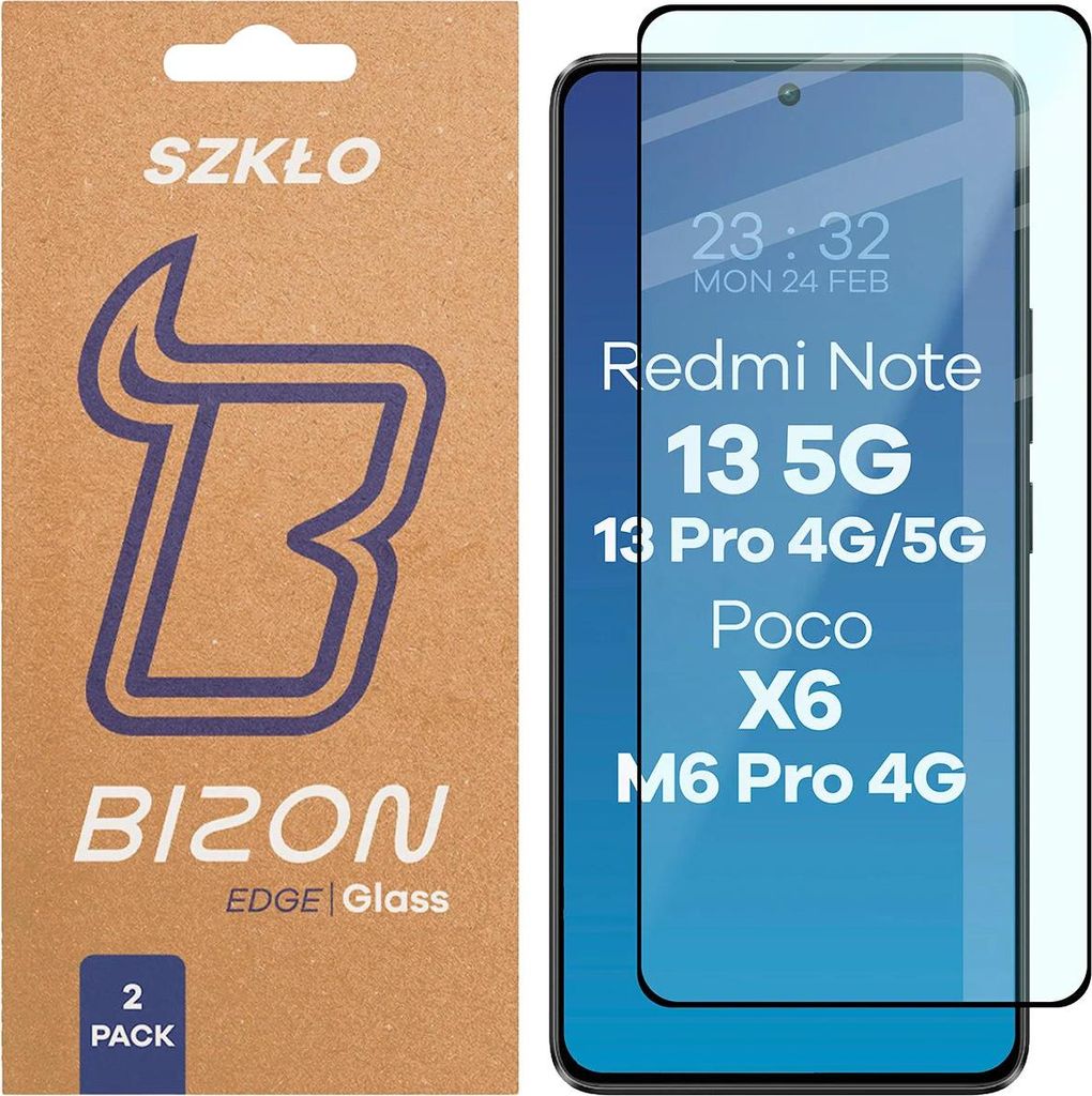 2x Gehärtetes Glas für Xiaomi POCO X6 / M6 Pro 4G / Redmi Note 13 5G / 13 Pro 4G/5G, Bizon Glass Edge Duo, Schwarzer Rahmen