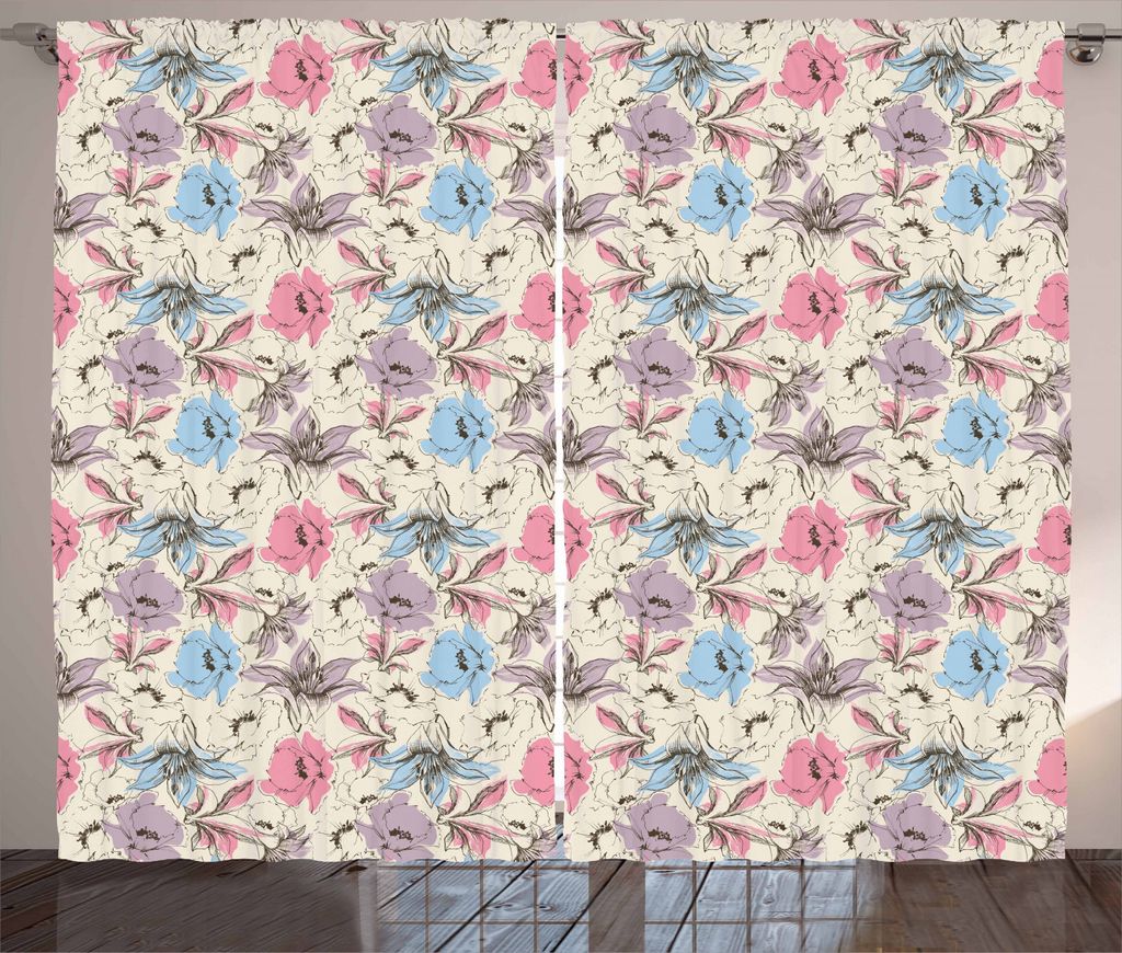 ABAKUHAUS Blumen Rustikaler Gardine, Lily und Mohnblumen-Skizze, Schlafzimmer Kräuselband Vorhang mit Schlaufen und Haken, 280 x 245 cm, Mehrfarbig