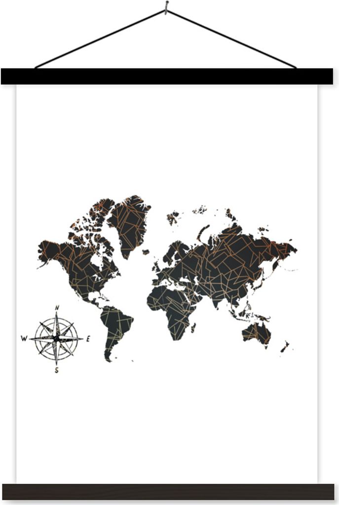 MuchoWow Textilposter Weltkarte - Schwarz - Abstrakt 90x120 cm mit schwarzem Rahmen - Dekoration