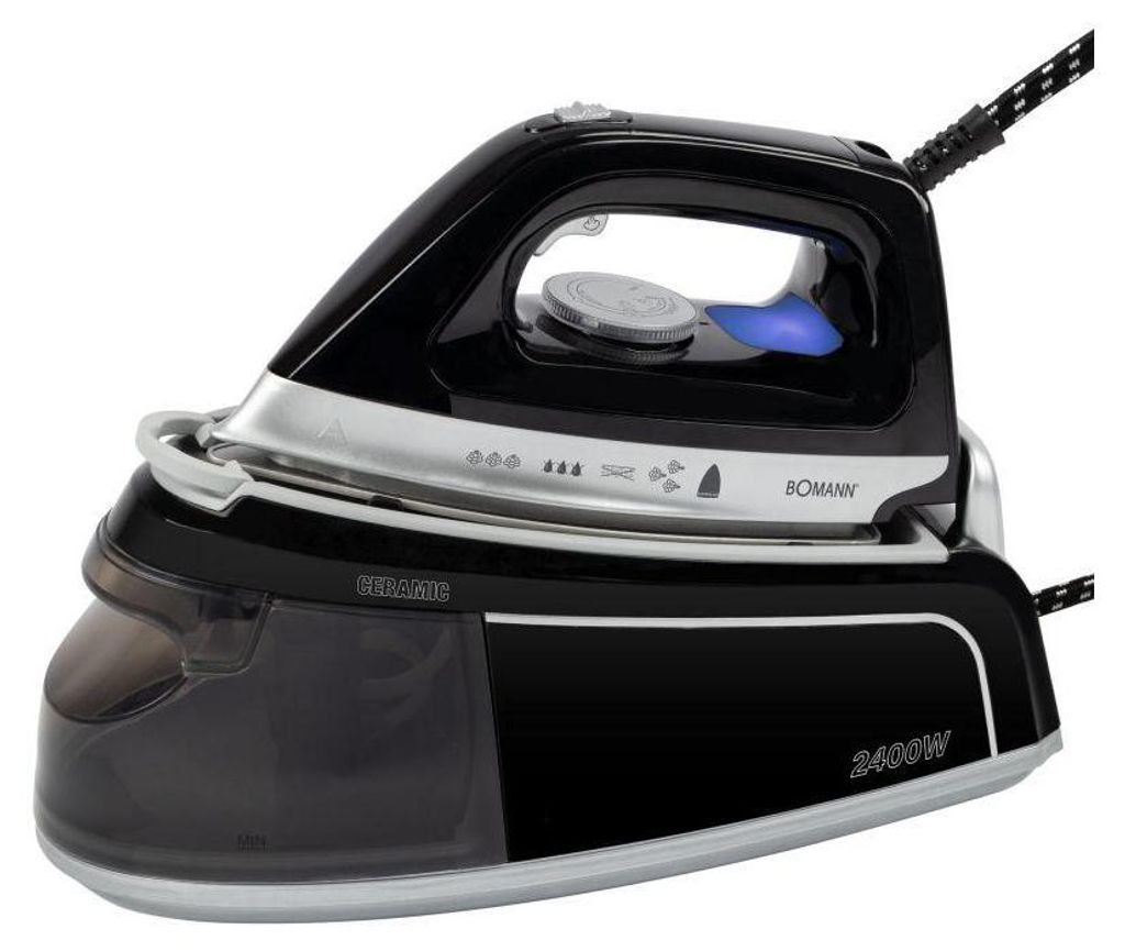 A black and silver steam iron station with a transparent water tank, shown from a three-quarter angle against a white background.