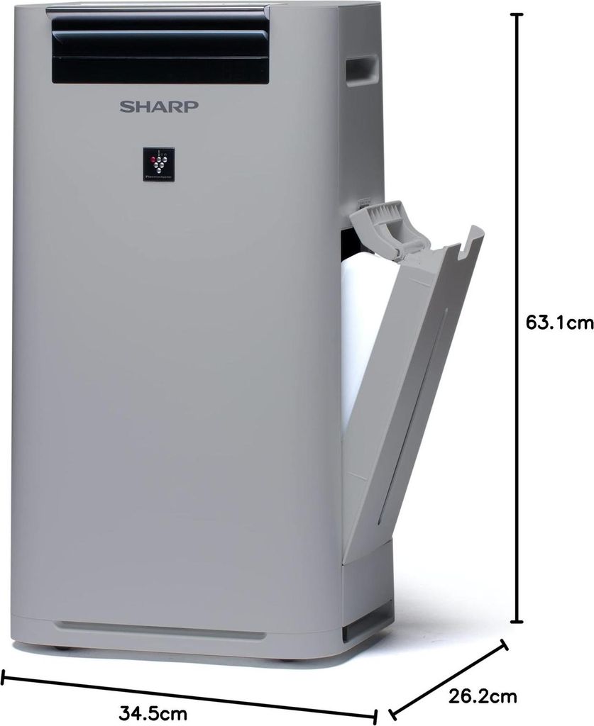 A gray Sharp air purifier with dimensions indicated by measurement lines and text.
