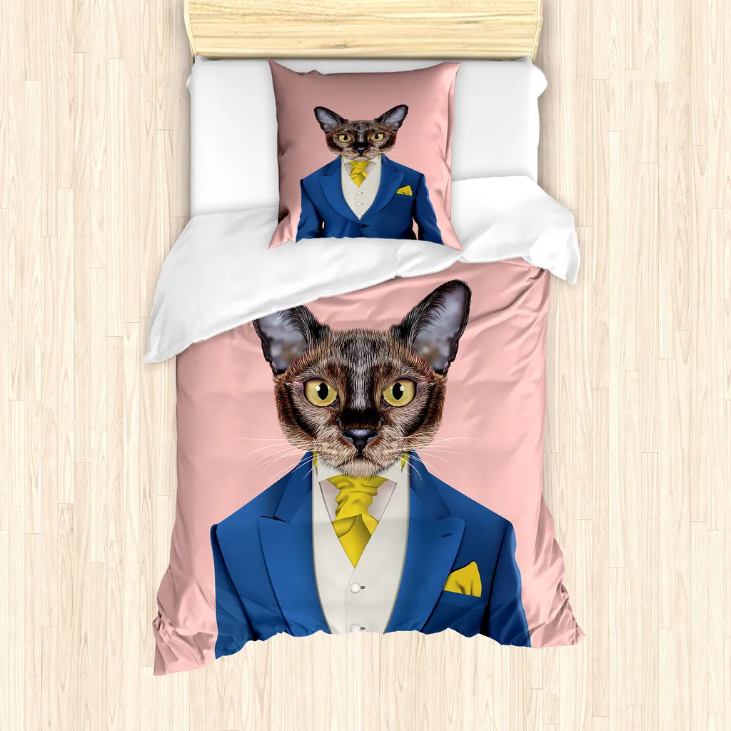 Set copripiumino ABAKUHAUS Hipster per letti singoli, bizzarro ritratto di un gatto, antiacaro, adatto a chi soffre di allergie, con federa, 135 cm x 200 cm - 80 x 80 cm, rosa cipria e multicolore