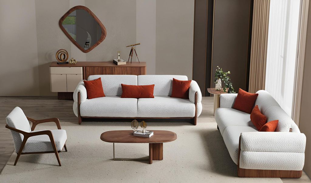 Weiße Wohnzimmer Sofagarnitur Weiße Textilcouchen Holz Sideboard