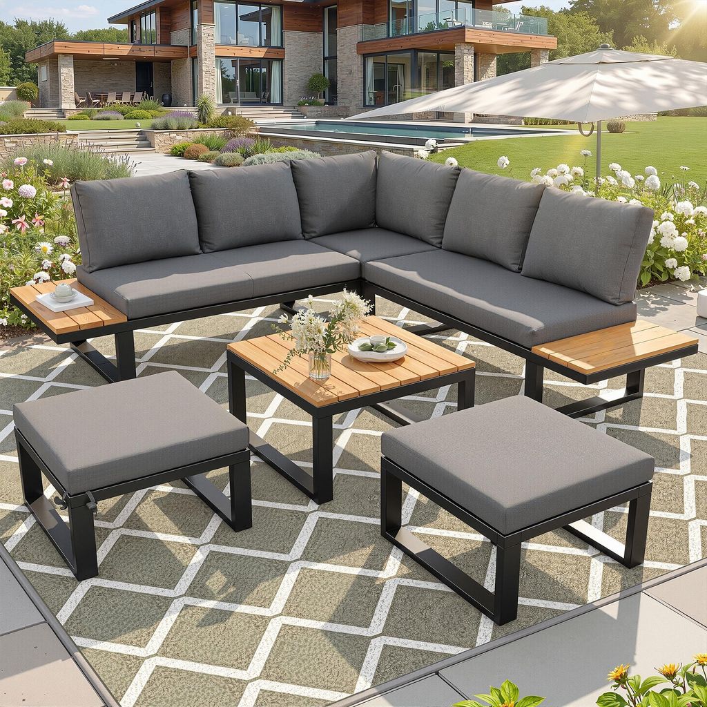 Merax Gartenlounge Set 6-teilig, Ecksofa mit verstellbarer Rückenlehne, Couchtisch & Hocker, Outdoor Möbel Gartenmöbel-Set mit Stahlgestell, Grau