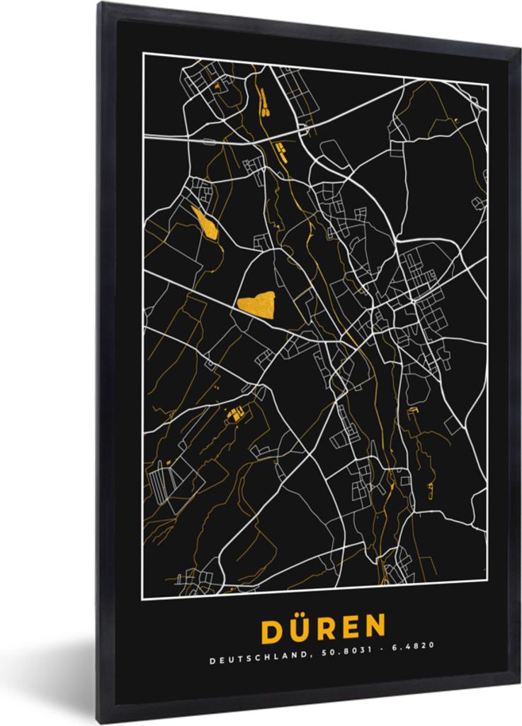 MuchoWow Gerahmtes Poster Schwarz und Gold - Stadtplan - Düren - Deutschland - Karte 60x90 cm - Poster mit Schwarzem Bilderrahmen Wandposter Rah...