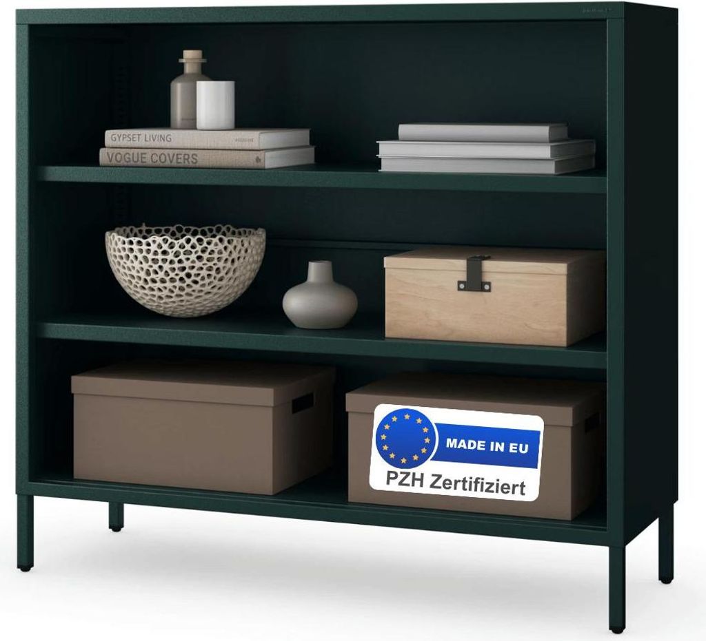 Metall Kommode offen WORF - 4 Ebenen, Industrie-Design | Metallregal klein Standregal Stahl Büro Wohnzimmer Arbeitszimmer, 90x100x35cm Dunkelgrün