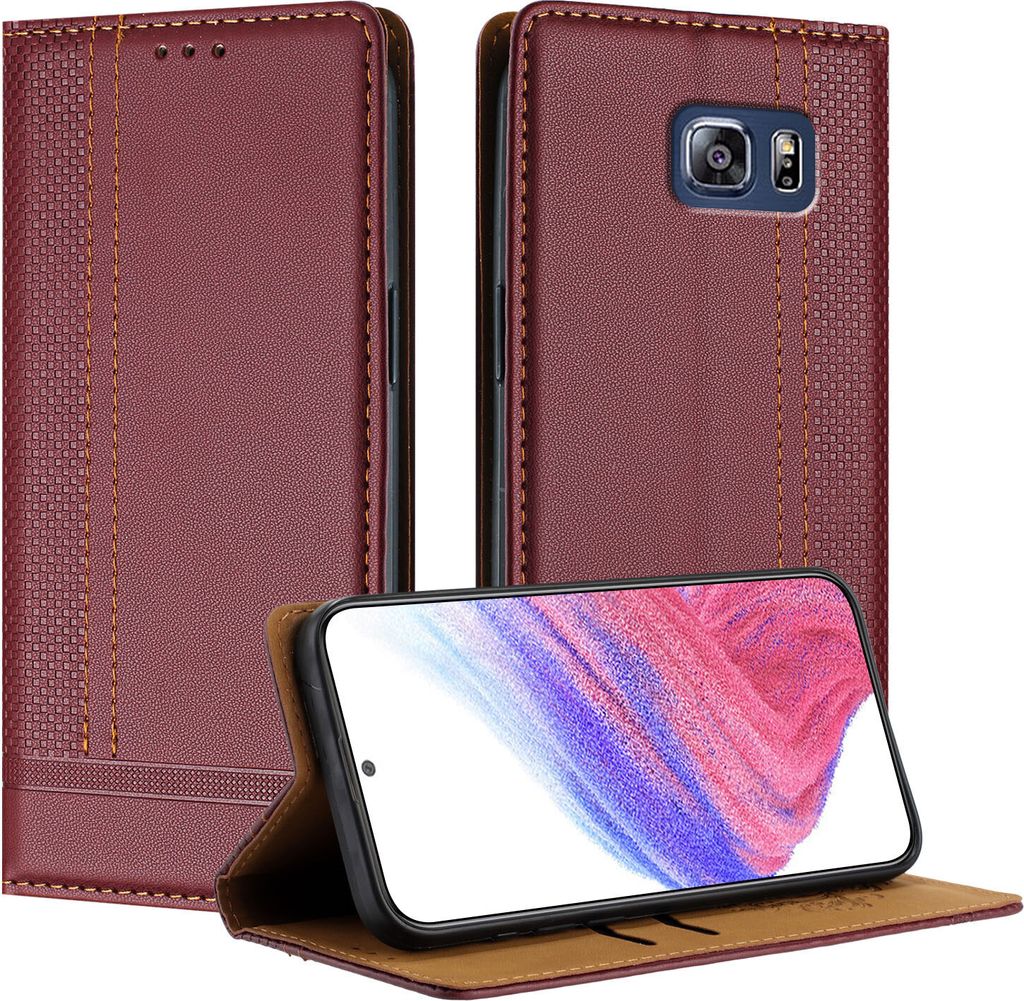 Handyhülle für Samsung Galaxy S6 Edge+ Leder Flip Klappbare Schutzhülle mit Standfunktion Dunkelrot
