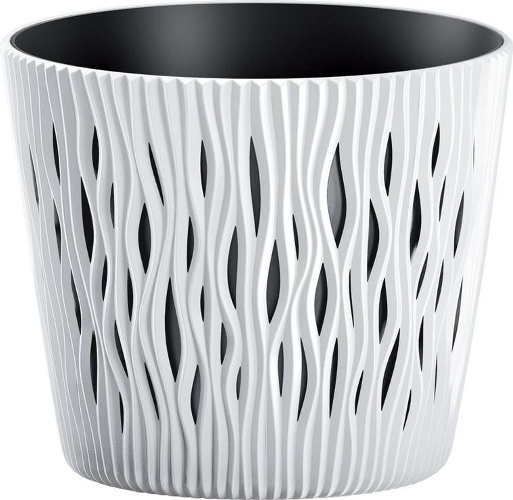 A white planter with a decorative, wavy pattern and a black interior.