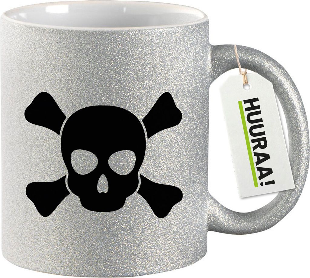Huuraa Glitzertasse Pirat Totenschädel 330ml Silber Keramik Kaffeebecher Geschenkidee
