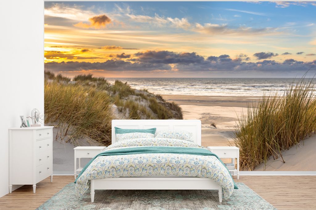 MuchoWow Fototapete für Wohnzimmer oder Schlafzimmer Wandtapete Vinyl Motivtapete Strand - Düne - Gras - Sonnenuntergang - Meer - 400x300 cm - ...