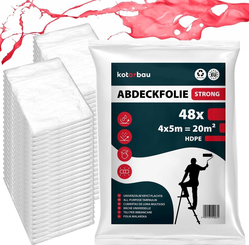 KOTARBAU 48er Set Malerfolie Abdeckfolie 4 x 5 m Malervlies Abdeckplane Bauschutzfolie Robust Transparent