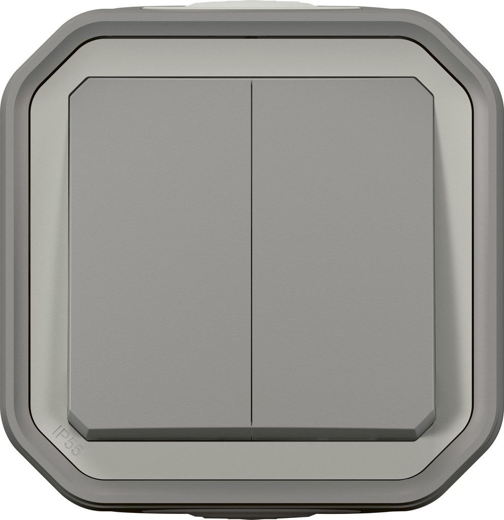 Legrand FR, AP, Doppelwechselschalter 10AX/Taster 10A, Steckklem, IP55, IK08, Grau, 1 Stk.