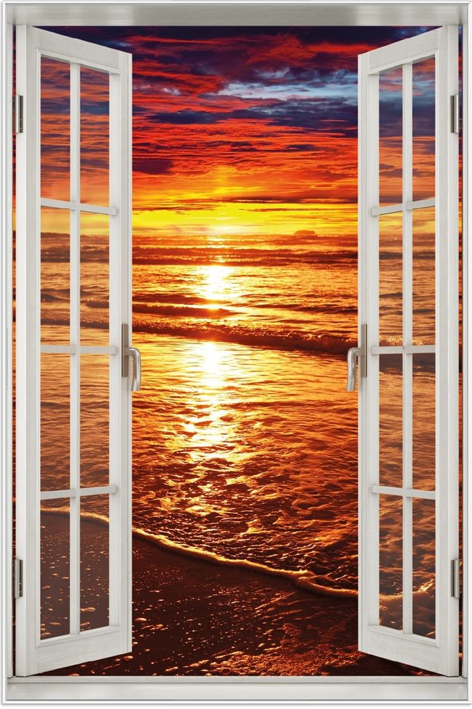 Wallario Wandbild mit Fenster-Illusion: Farbenfroher Sonnenuntergang über dem Meer II, Größe: 61 x 91,5 cm, Poster mit weißem Aluminiumrahmen