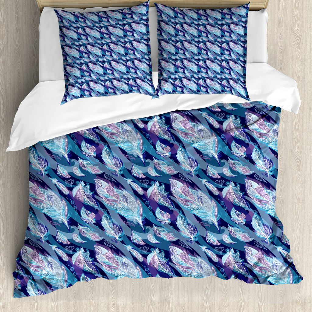 ABAKUHAUS Indigo Bettbezug, Feder und wellig Design, Milbensicher Allergiker geeignet mit Kissenbezügen, 200 cm x 200 cm - 80 x 80 cm, Blassblau M...