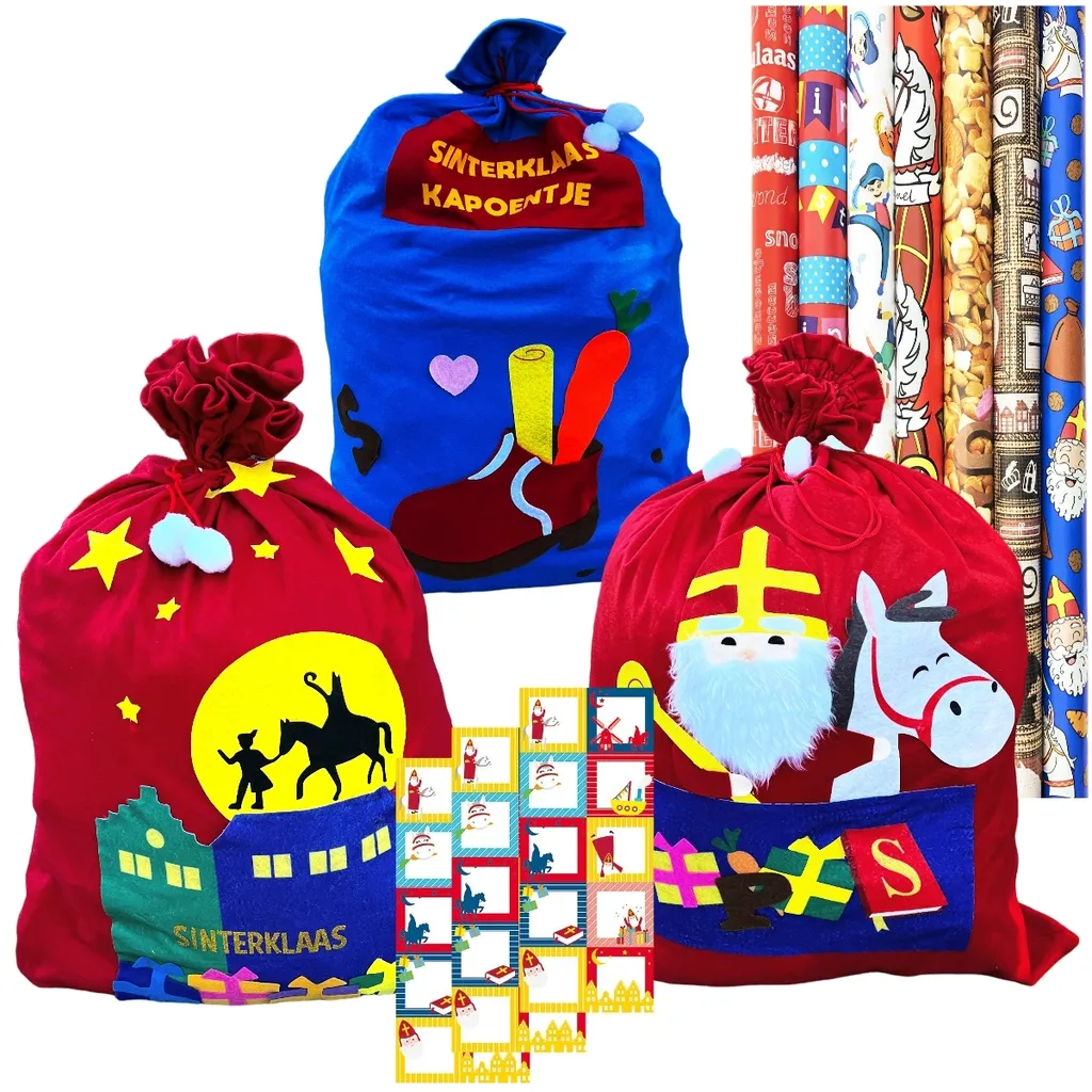 Set Regalo Sinterklaas: 3 Sacchetti, 60 Adesivi e 7 Rotoli Carta 3m x 70cm
