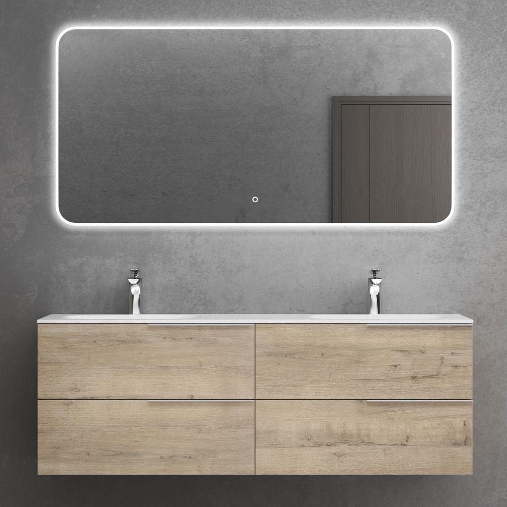 doporro Badmöbelset Waschbeckenunterschrank in Eiche Greige 144x48x52cm Unterschrank mit Mineralguss-Doppelwaschbecken Badezimmer mit 4 Schubladen...