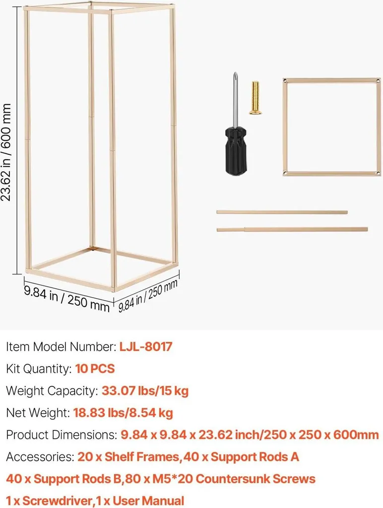 Support de fleur stable 60cm pour centre de table, 10 colonnes dorées - 5