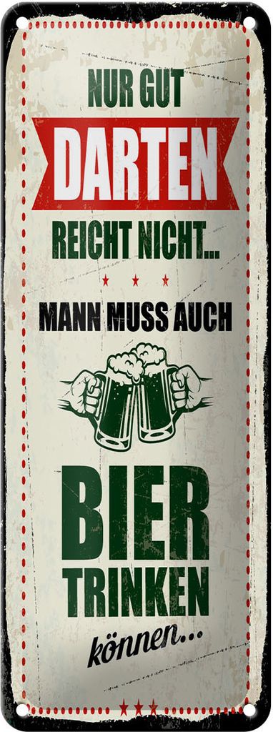 Blechschild Nur Gut Darten reicht nicht muss Bier trinken, 27 x 10 cm, Blechschilder Spruch Sport Hobby