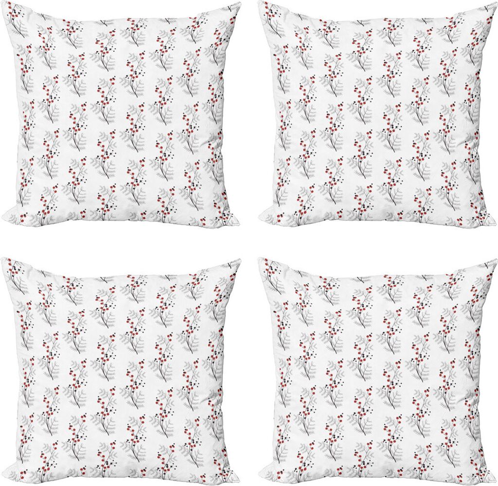 ABAKUHAUS Blumen Kissenbezug Set (4 Stück), Kurvige Gepunktete Branchen, Moderner Doppelseitiger Digitaldruck, 60 cm x 60 cm, Rot Schwarz Weiß