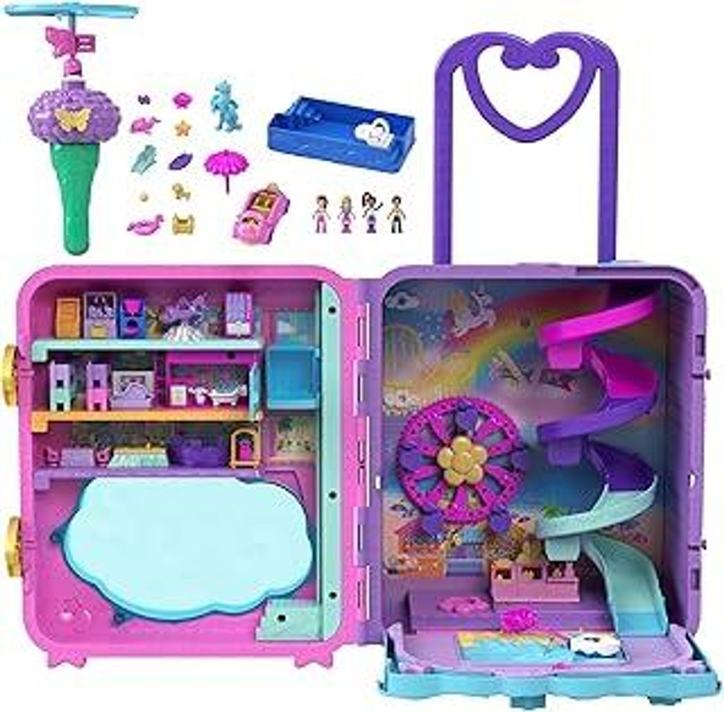 Polly Pocket Pollyville Urlaub im Rollkoffer - 4 Puppen, 1 Fahrzeug, 25+ Zubehörteile, Strand, Promenade, dreistöckiges Hotel mit Helikopter, fü...