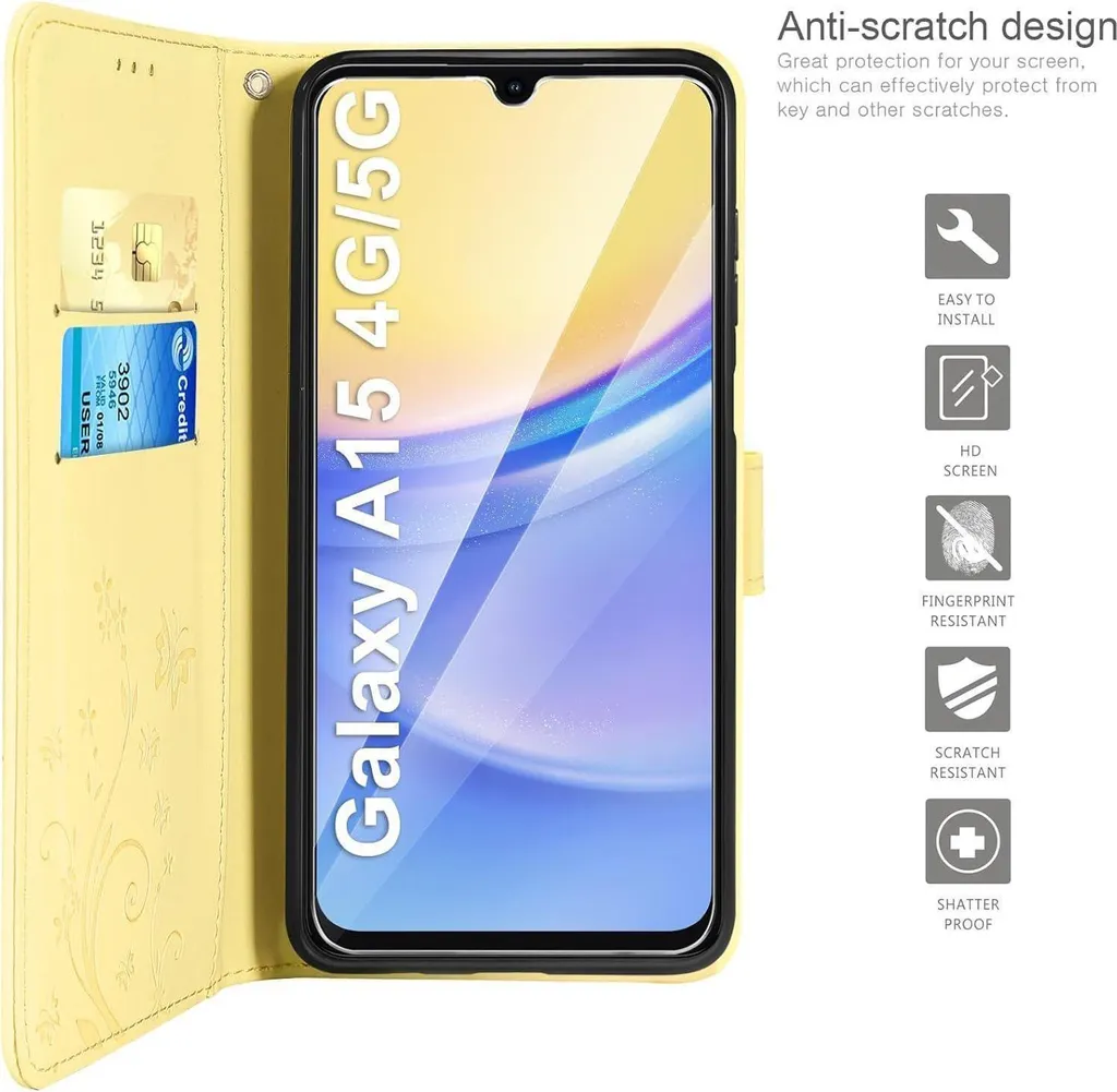Custodia Samsung A15 Gialla Portafoglio con Vetro Temperato Omaggio - 3