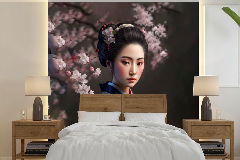MuchoWow Fototapete für Wohnzimmer oder Schlafzimmer Wandtapete Vinyl Motivtapete Frau - Sakura - Kimono - Asiatisch - Porträt - 240x240 cm - S...
