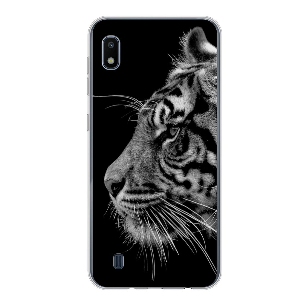 MuchoWow Handyhülle Schutzhülle Hülle für Samsung Galaxy A10 Tiger auf schwarzem Hintergrund in schwarz und weiß Silikon Softcase Handy Hül...