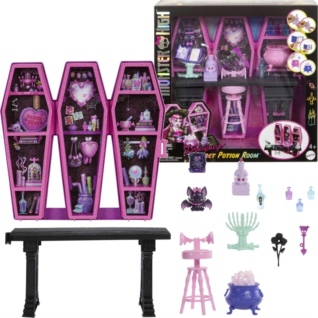 Mattel Monster High Draculaura Secret Potion Room Puppen-Spielset mit mehr als 12 Accessoires und überraschenden Verwandlunge
