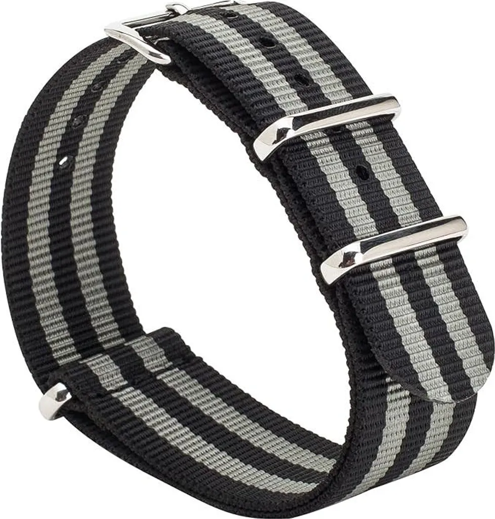Bracelet montre 20mm nylon robuste noir gris et boucle argentée poli