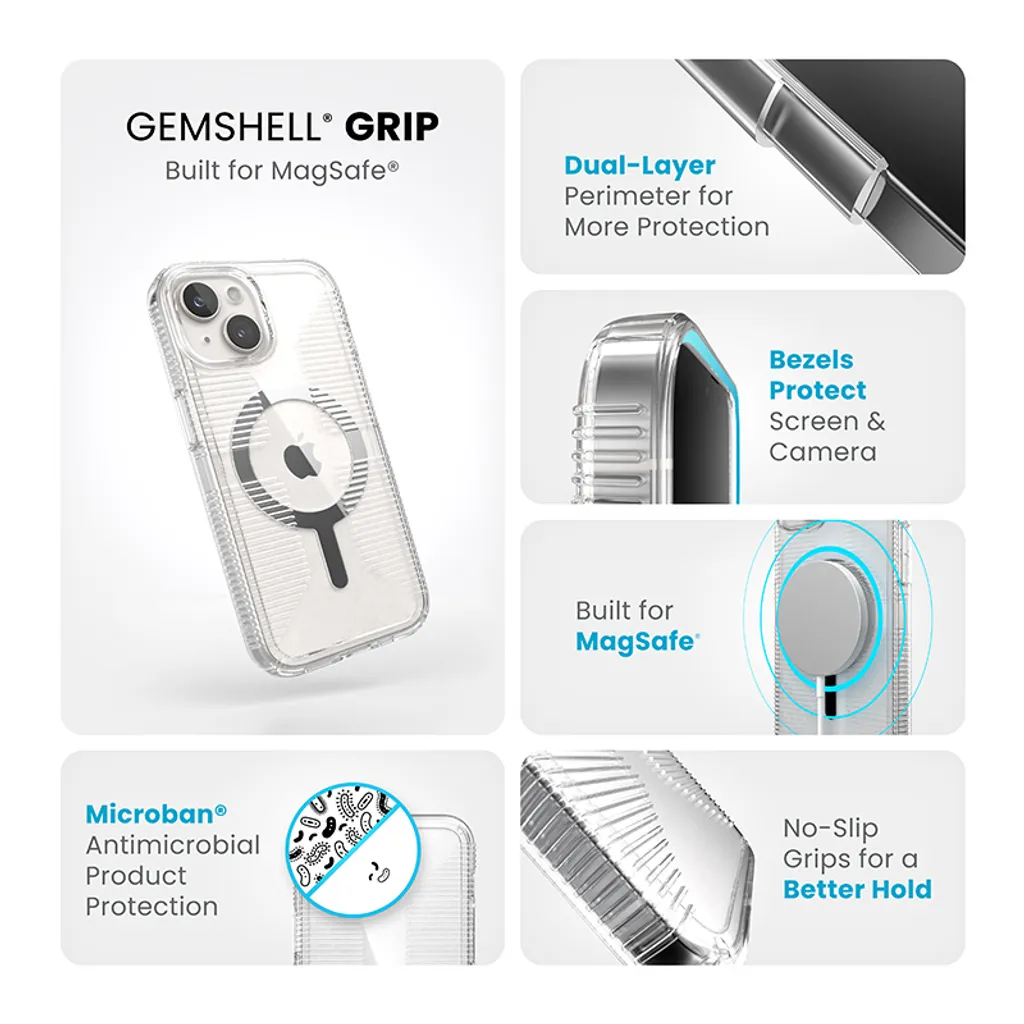 Protection iPhone 15 Speck Gemshell Grip avec MagSafe et Finition Chrome - 10