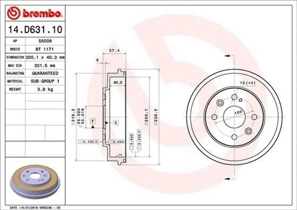 Brembo 14.D631.10 Tambour de frein OE B59626251 pour Mazda 323 et Demio