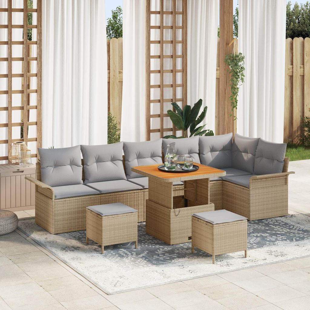 Möbel 9-teiliges Garten Sofa Set mit Kissen Beige Poly Rattan Akazie - Gartensofas 3362152