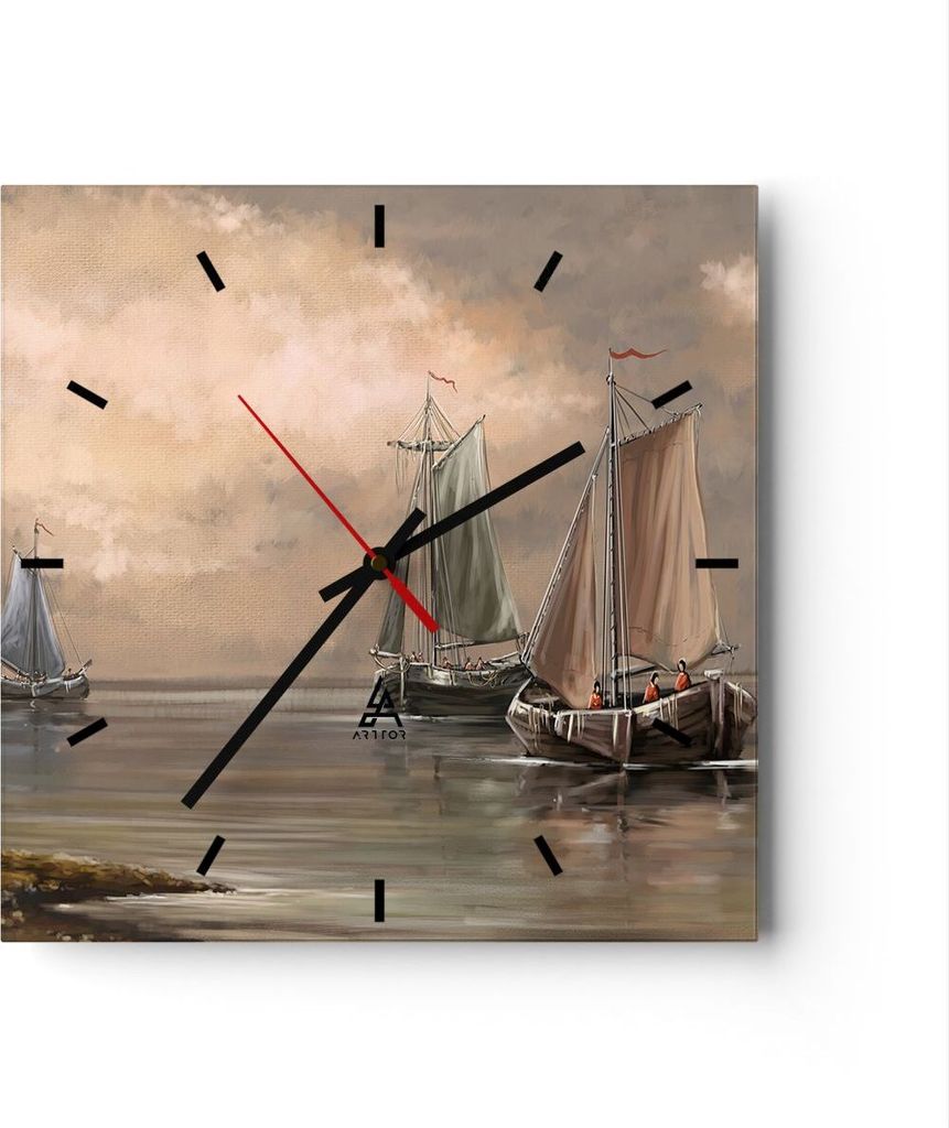 Wanduhr - Quadrat - Glasuhr - Meer Boot Fischer - 30x30cm - Schleichendes Uhrwerk - Lautlos - zum Aufhängen bereit - Dekoration Modern - Wanddekor...