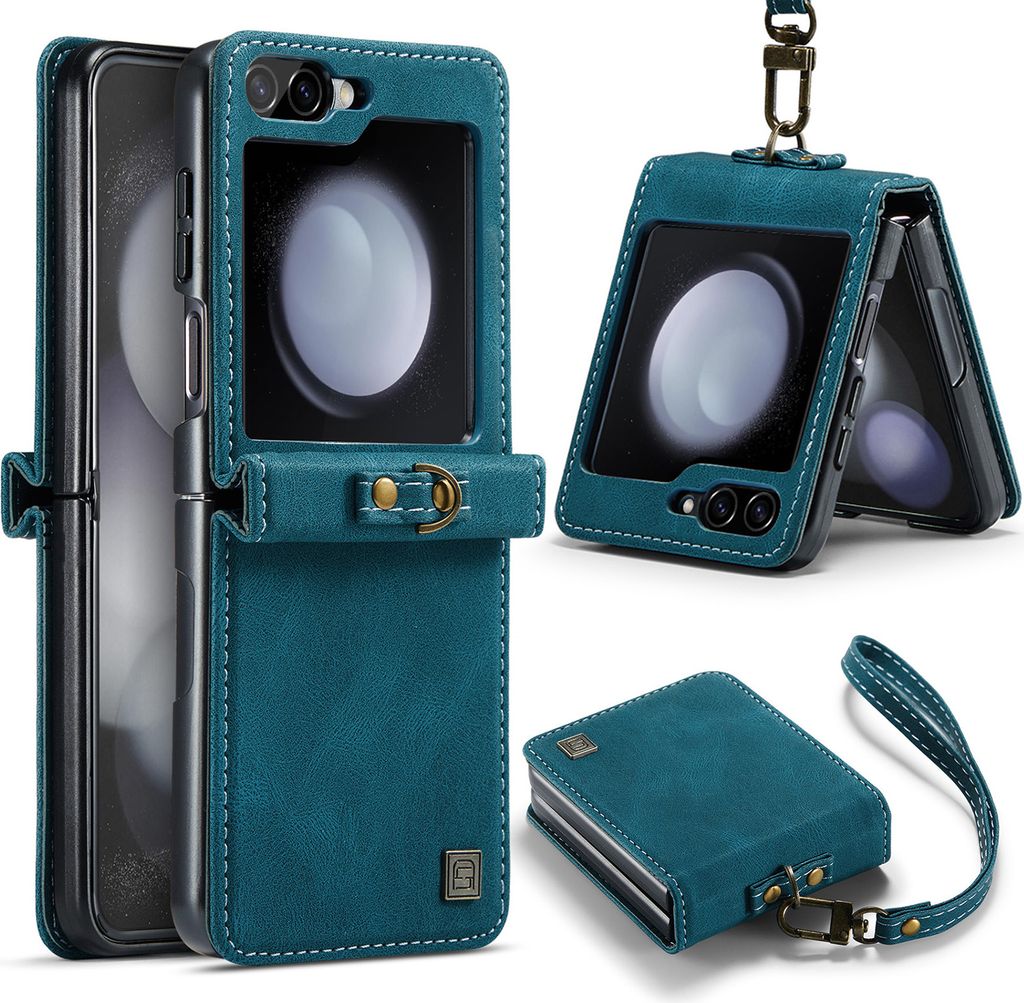 Galaxy Z Flip5 Hülle mit Handschlaufe, Scharnierschutz Retro Kunstledertasche Schutzhülle für Samsung Galaxy Z Flip 5 5G Blau