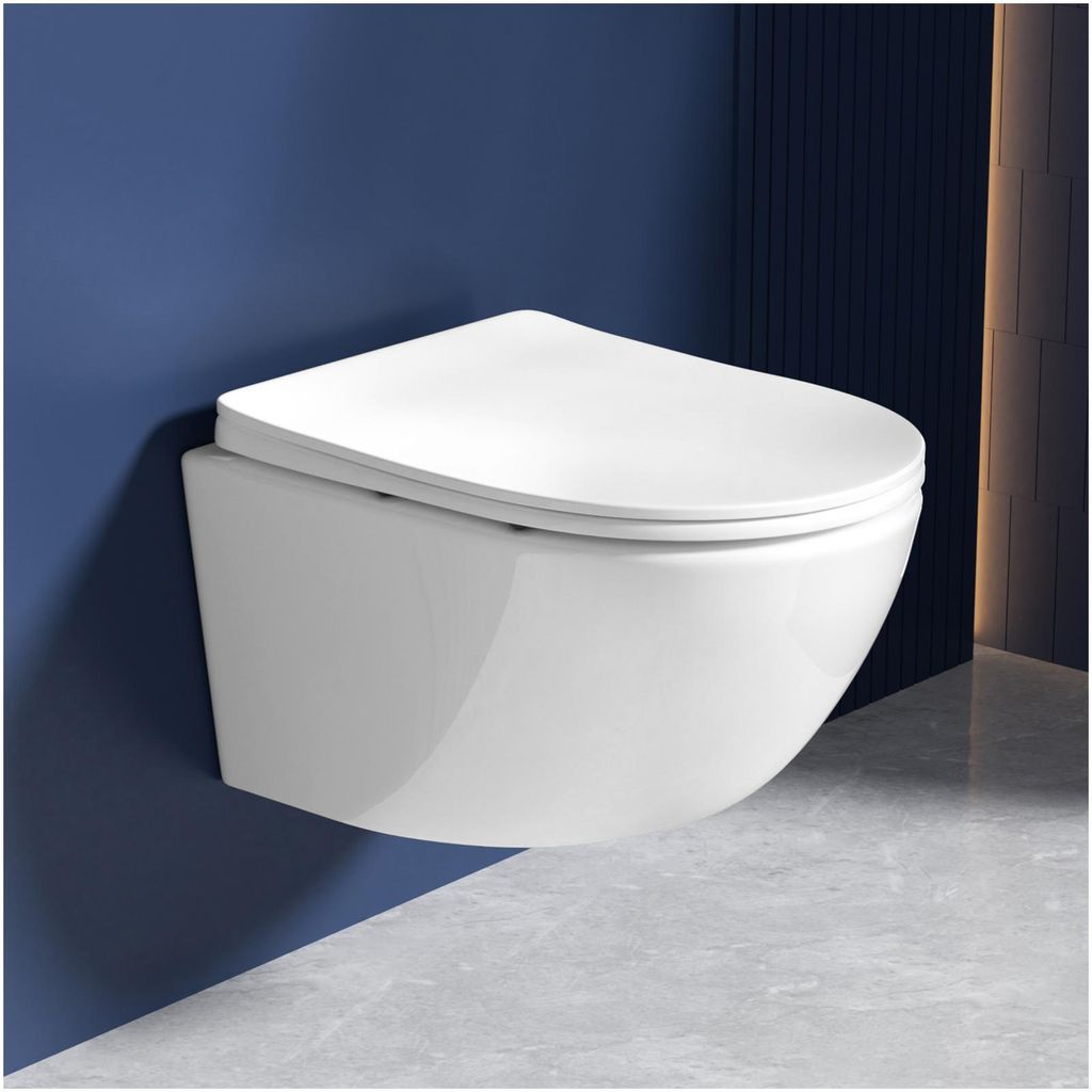 A white wall-mounted toilet is shown against a dark blue wall and a light gray floor.