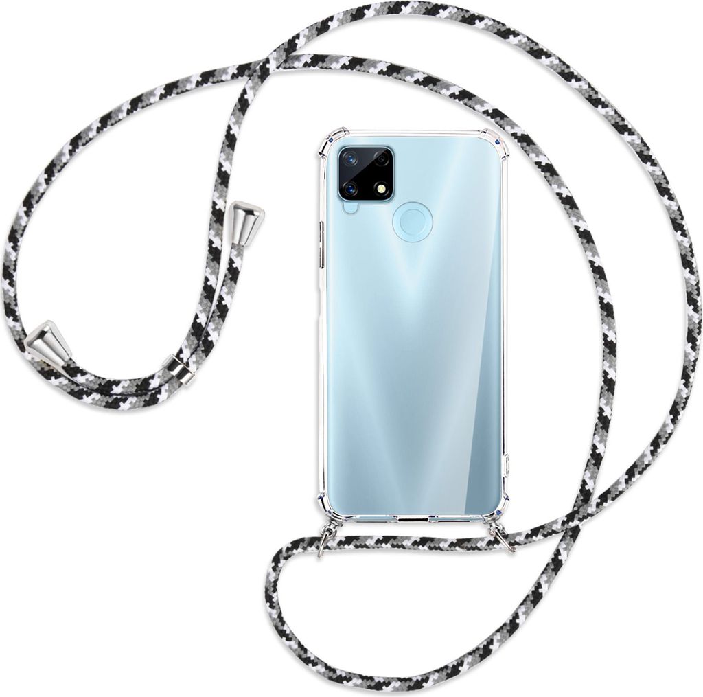 Handykette Backcover-Schutzhülle mit Band (Metall silberfarben) für Realme 7i Global (Realme Narzo 20) - schwarz/grau/weiß