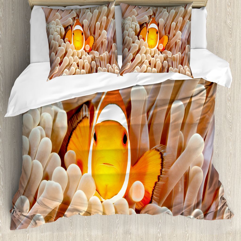 ABAKUHAUS Ozean Bettbezug, Bali Indonesien Fische, Milbensicher Allergiker geeignet mit Kissenbezügen, 200 cm x 200 cm - 80 x 80 cm, beige orange