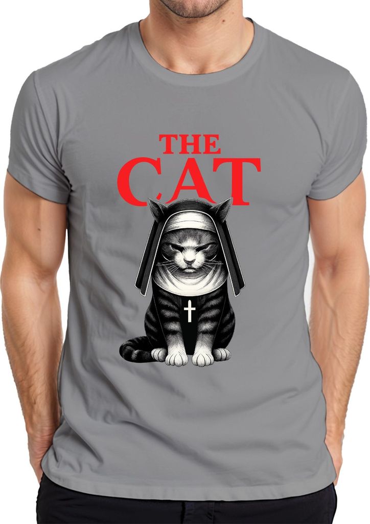 Katze Nonne Gothic Horror Kreuz Halloween The Cat Nun Film Dunkel Herren T-Shirt, Grau, S