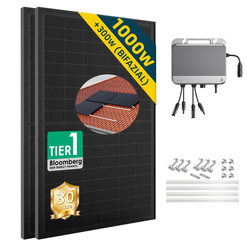 ALLDREI Balkonkraftwerk mit Speicher Zendure SOLARFLOW 800W Hybrid Wechselrichter , Komplettset mit 2*500W Bifazialer Solarpanel-Mit Ziegeldach Hal...